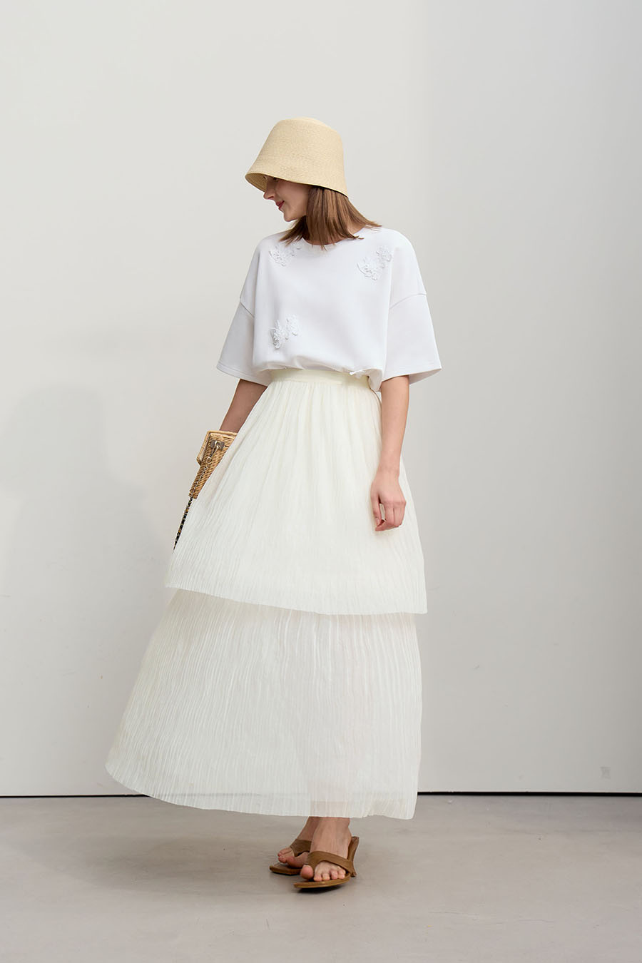 Pleated Tulle Midi Skirt|AMII-AMII.com