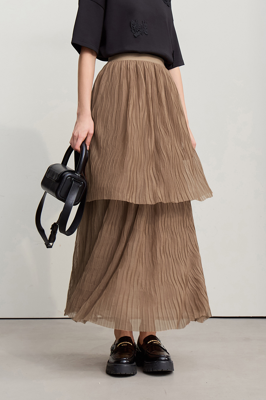 Pleated Tulle Midi Skirt|AMII-AMII.com