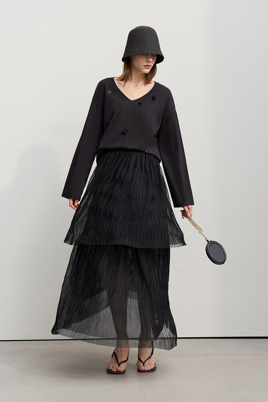 Pleated Tulle Midi Skirt|AMII-AMII.com