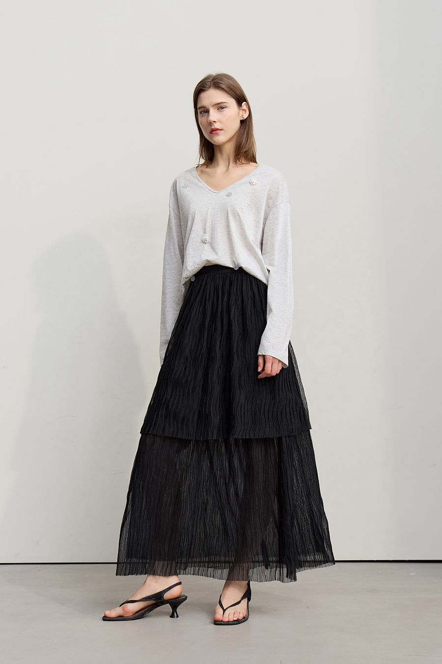 Pleated Tulle Midi Skirt|AMII-AMII.com