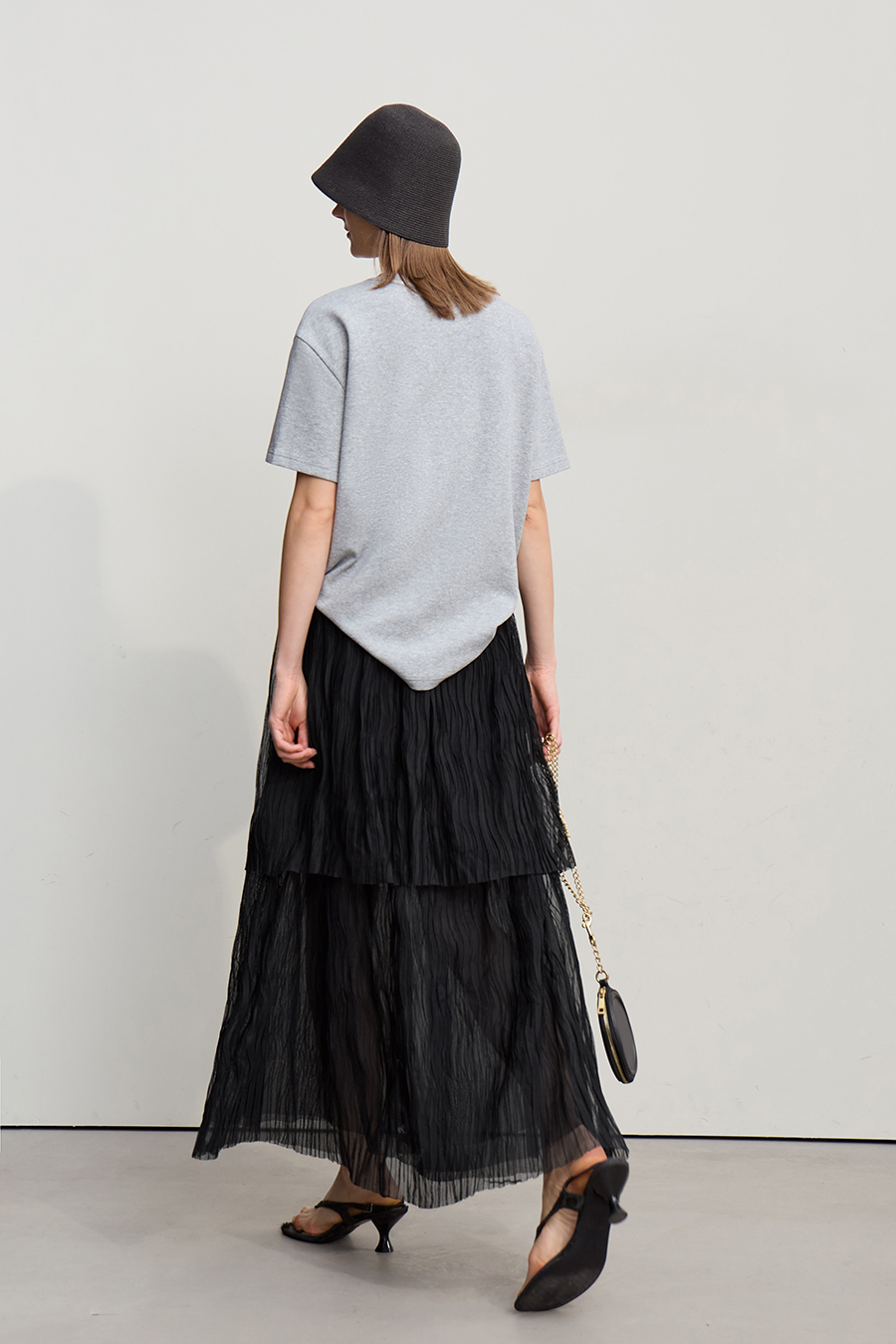 Pleated Tulle Midi Skirt|AMII-AMII.com
