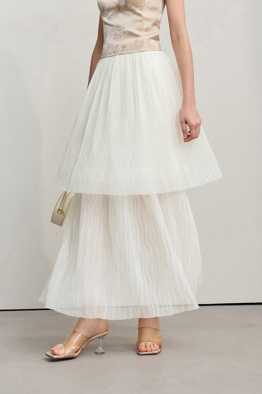 Pleated Tulle Midi Skirt|AMII-AMII.com