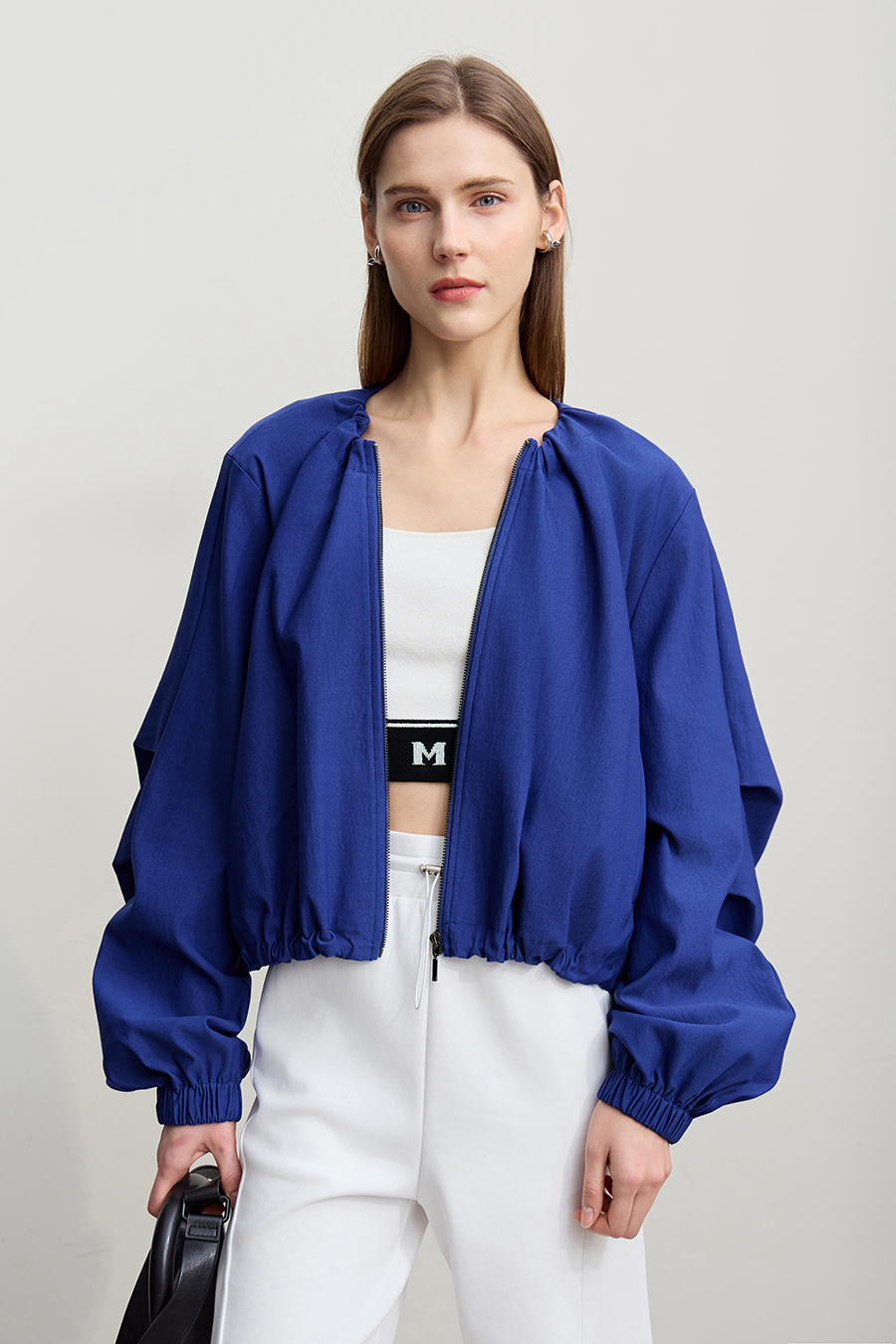 Crew Neck Cropped Zip-Up Jacket