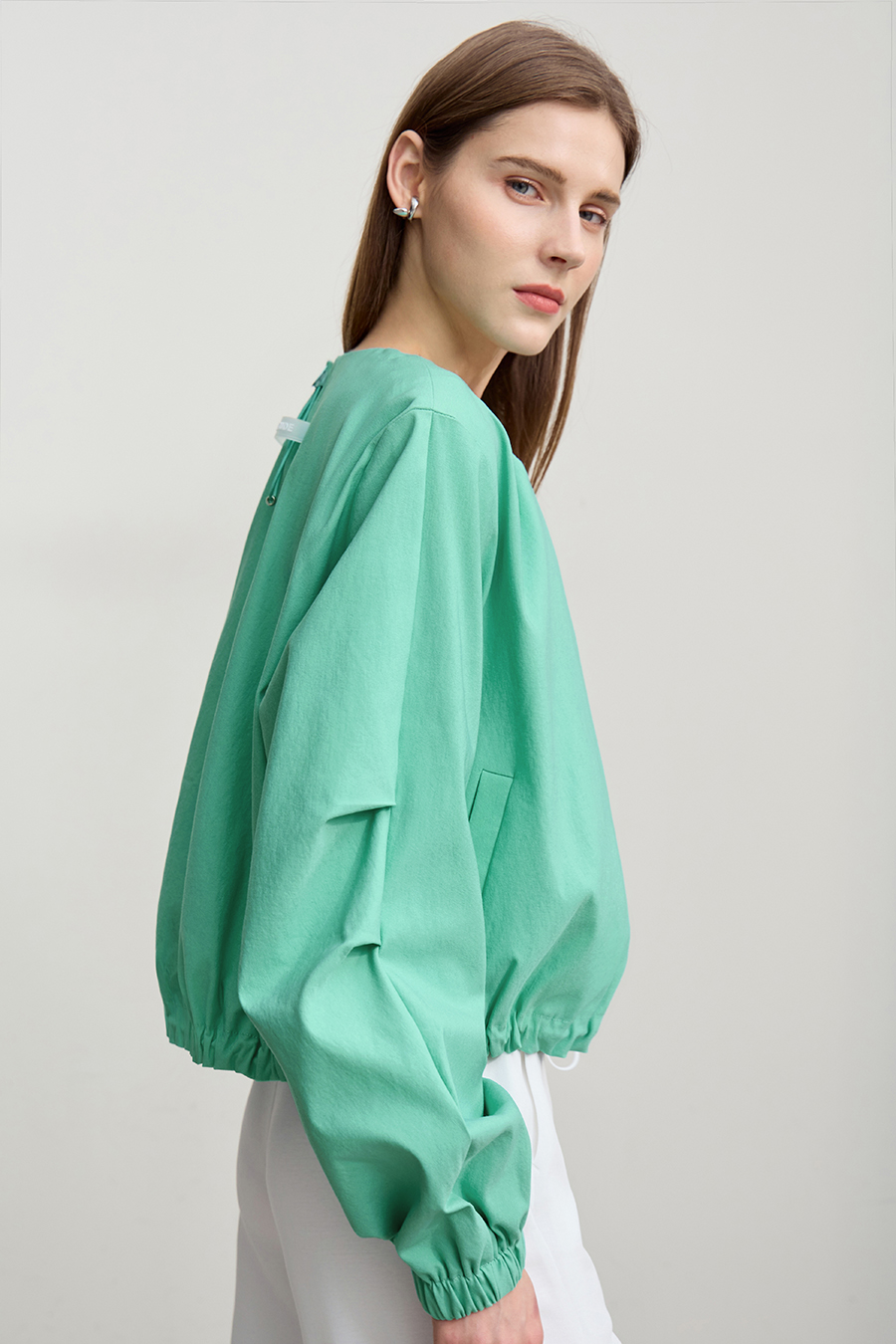 Crew Neck Cropped Zip-Up Jacket