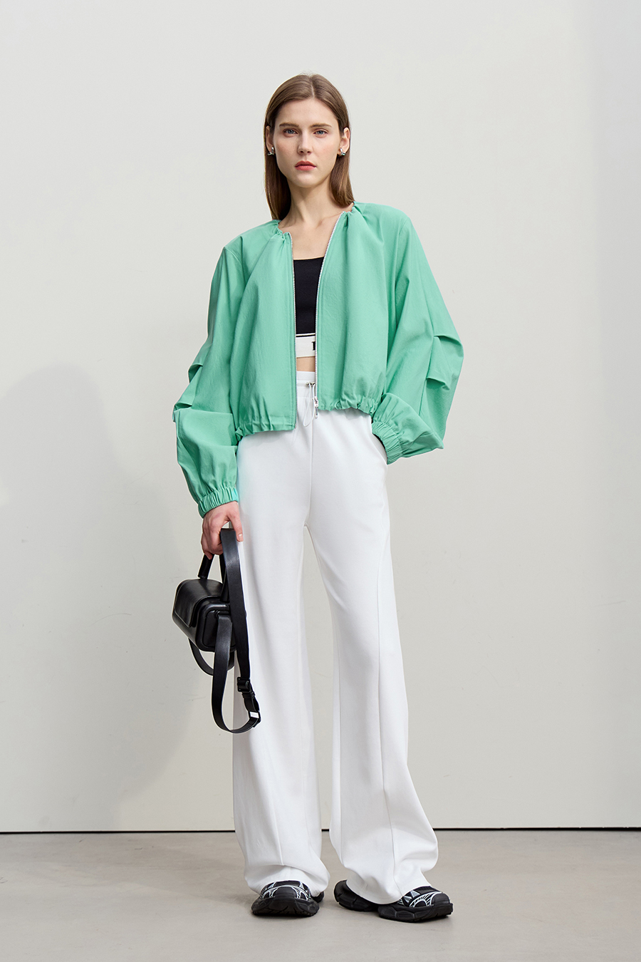 Crew Neck Cropped Zip-Up Jacket