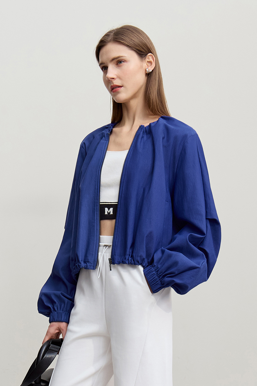 Crew Neck Cropped Zip-Up Jacket