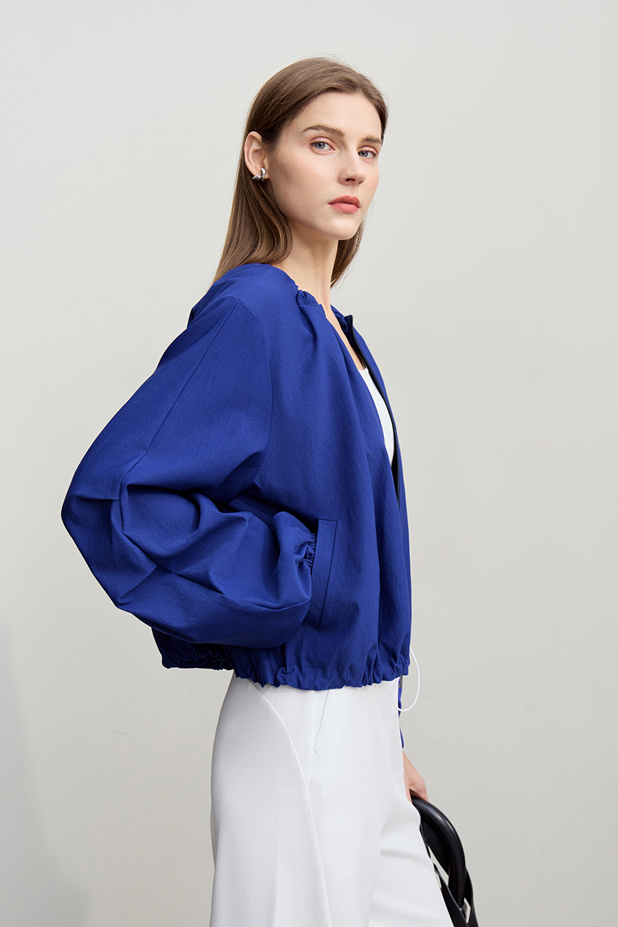 Crew Neck Cropped Zip-Up Jacket