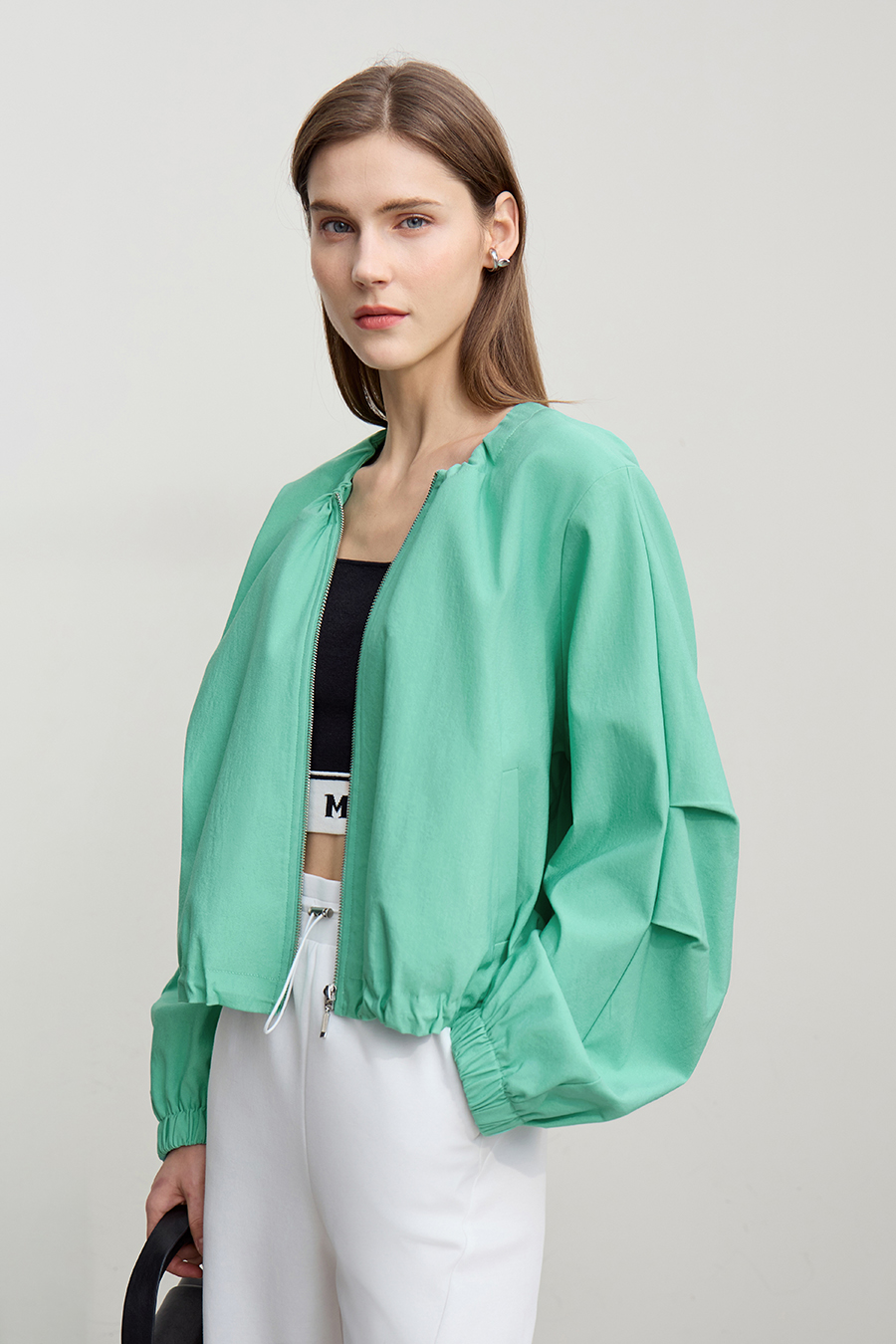 Crew Neck Cropped Zip-Up Jacket