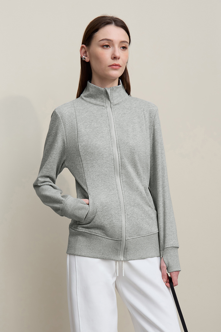 Rib Spliced Zipper Jacket|AMII