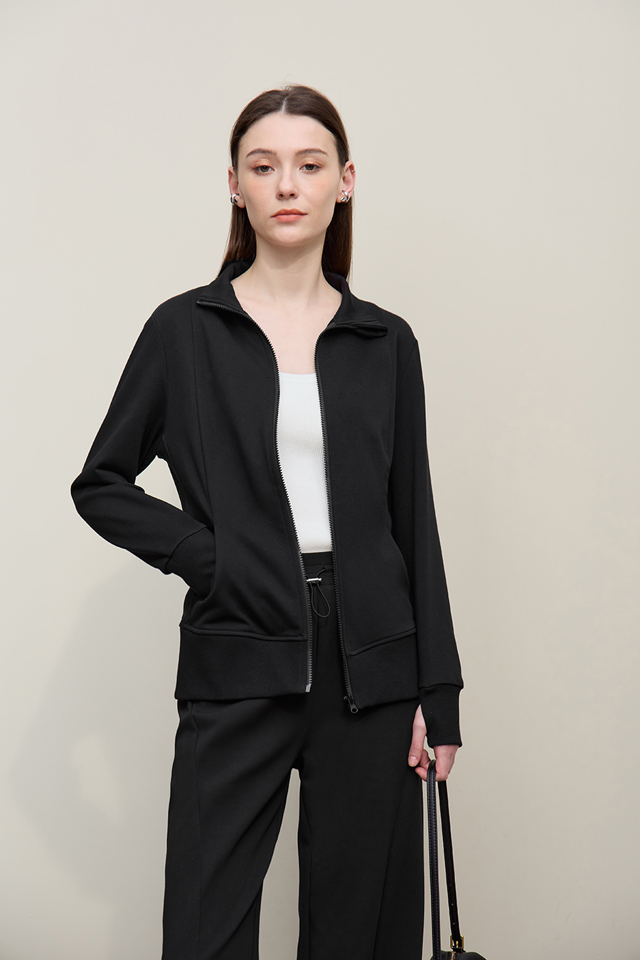 Rib Spliced Zipper Jacket|AMII