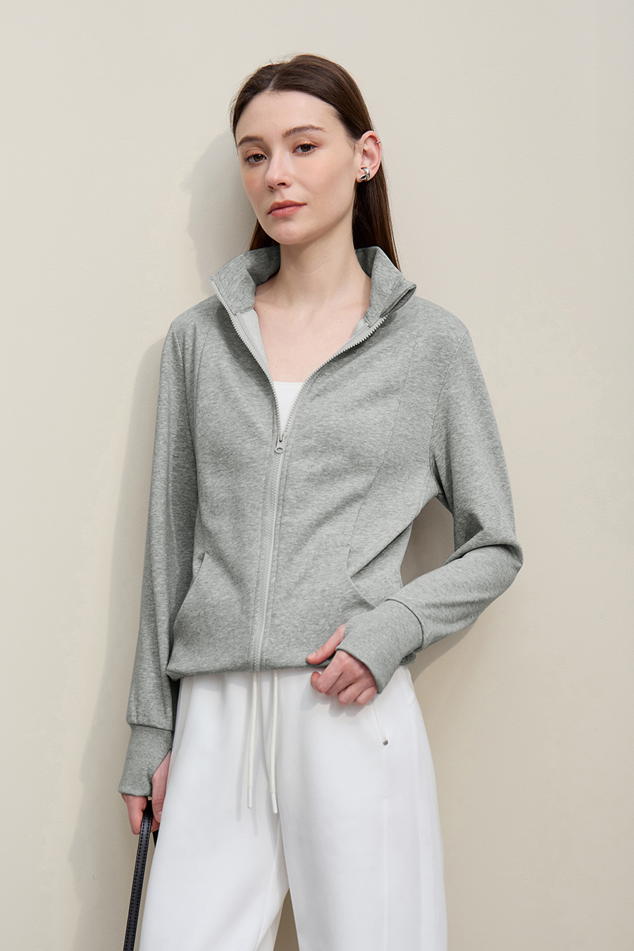 Rib Spliced Zipper Jacket|AMII
