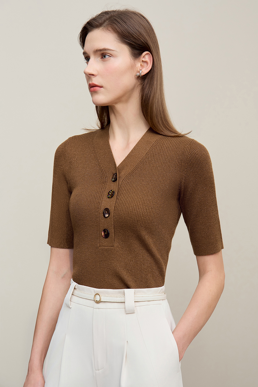 Mid-Sleeve Half-Placket Knitted Sweater