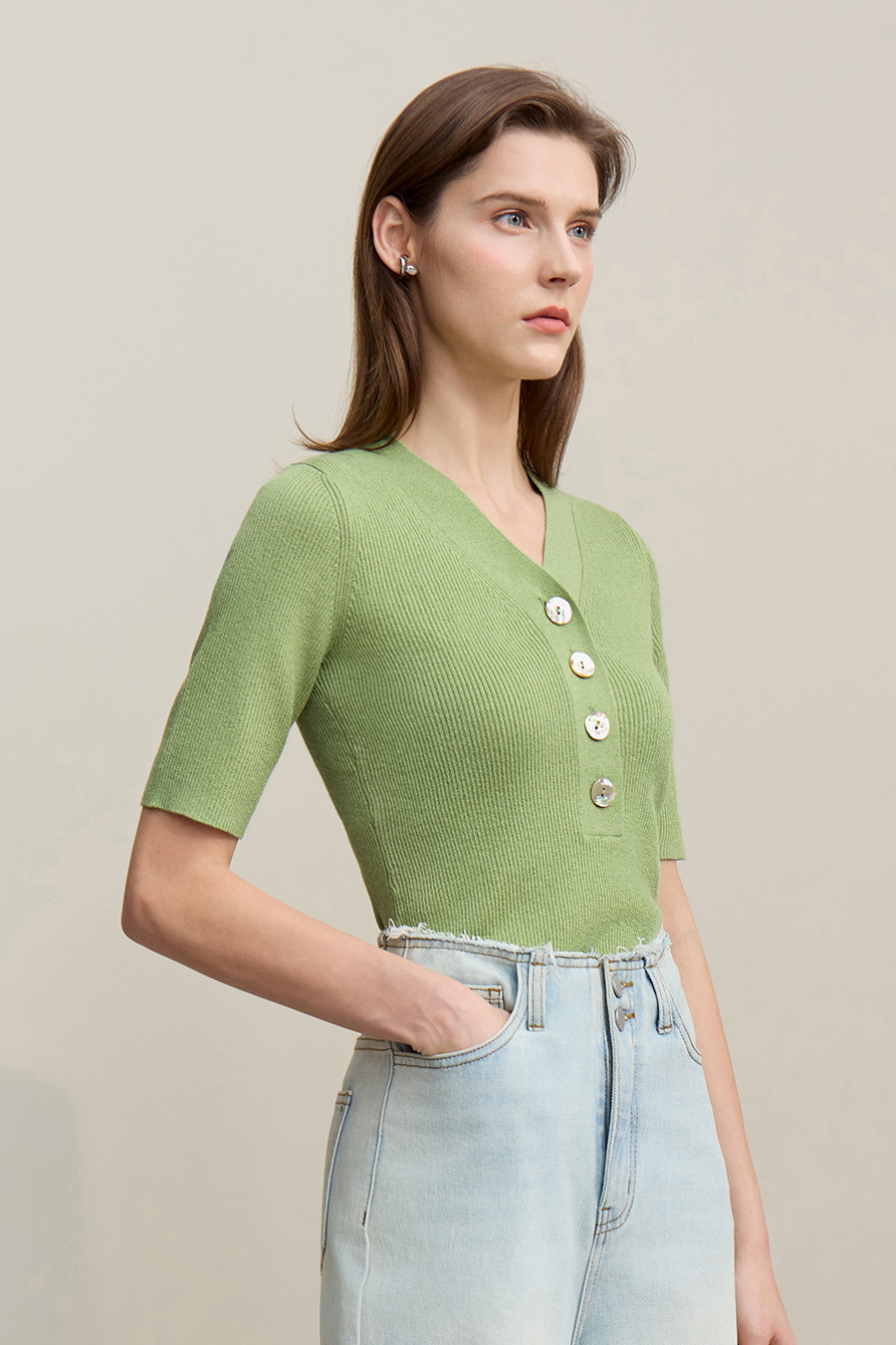 Mid-Sleeve Half-Placket Knitted Sweater