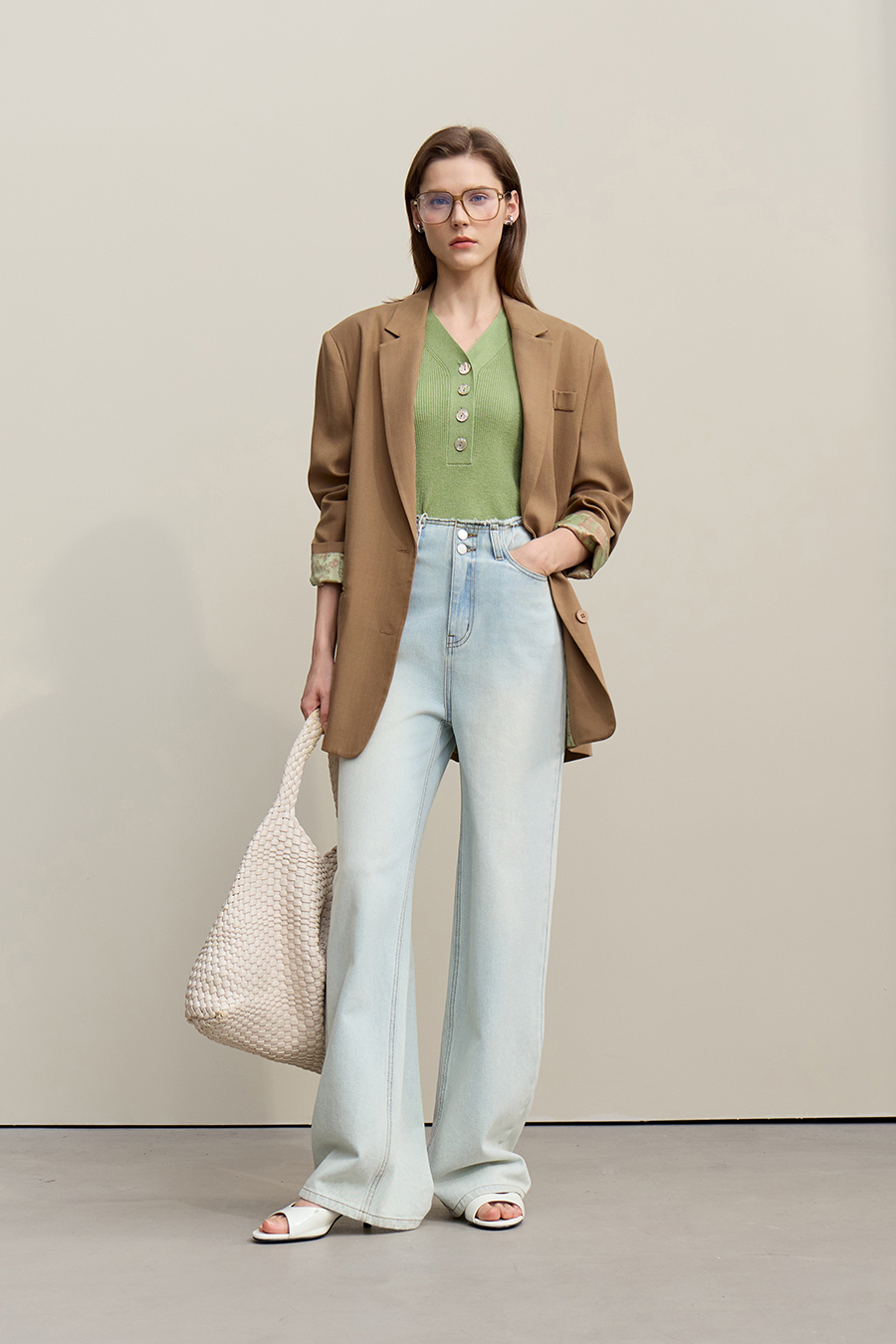 Mid-Sleeve Half-Placket Knitted Sweater