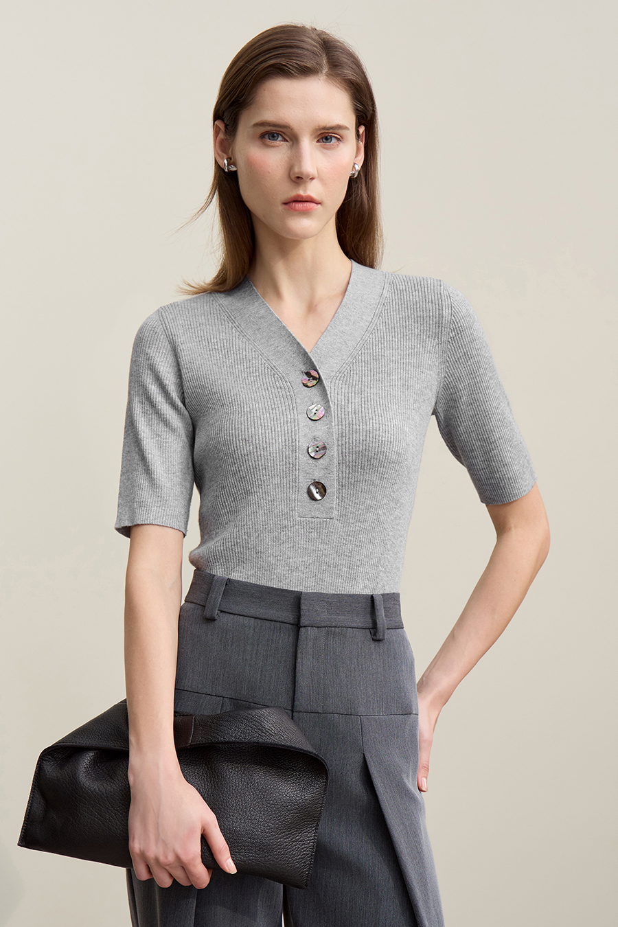 Mid-Sleeve Half-Placket Knitted Sweater