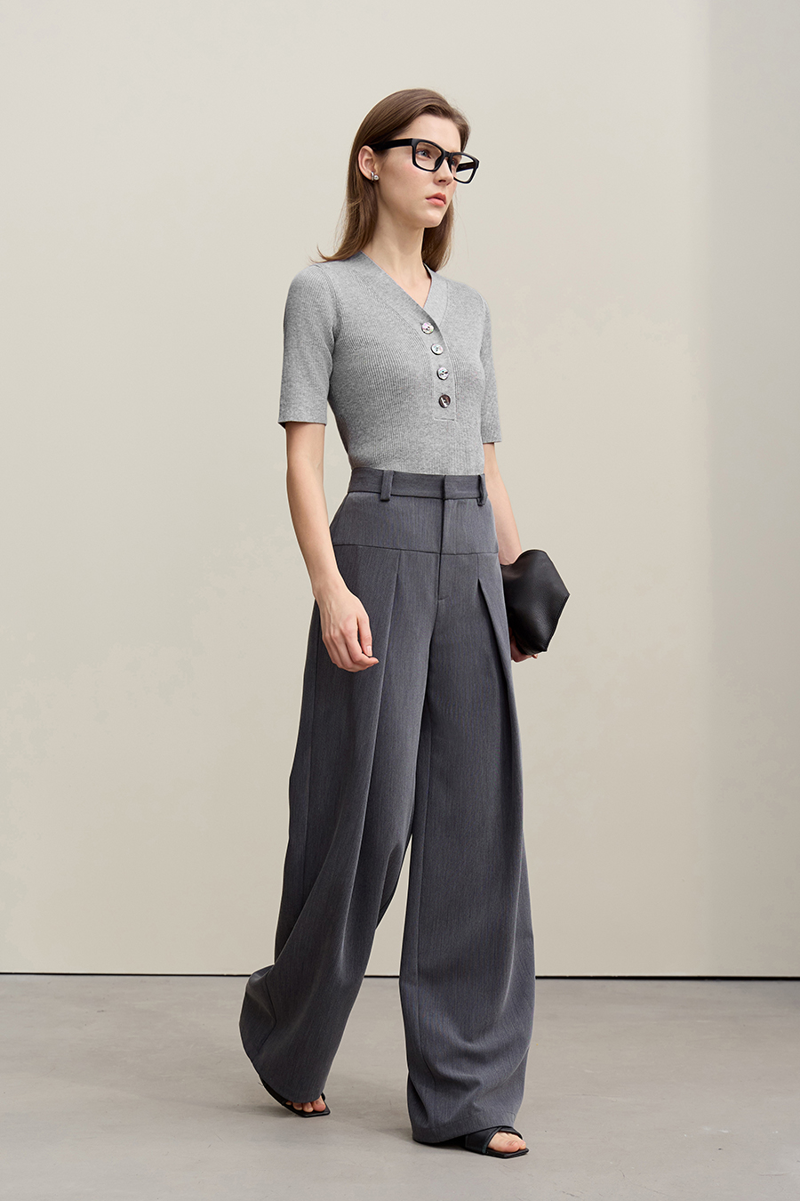 Mid-Sleeve Half-Placket Knitted Sweater