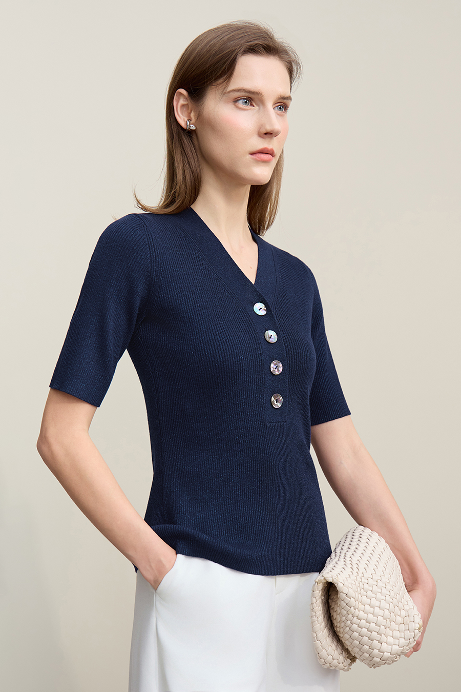 Mid-Sleeve Half-Placket Knitted Sweater