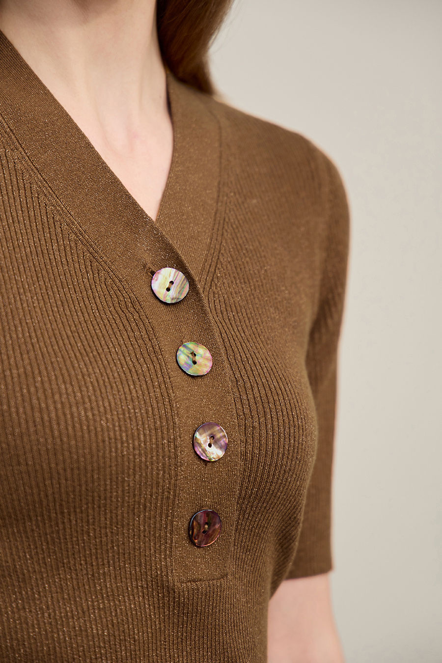 Mid-Sleeve Half-Placket Knitted Sweater