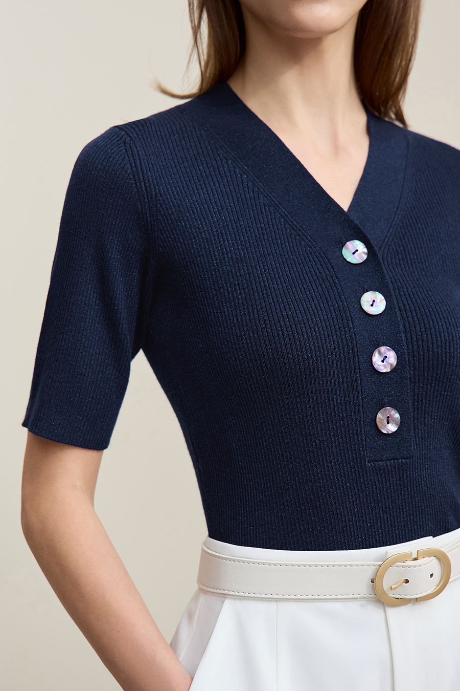 Mid-Sleeve Half-Placket Knitted Sweater