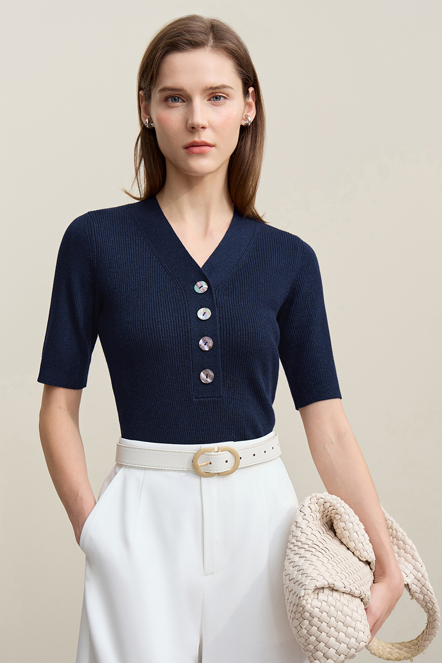 Mid-Sleeve Half-Placket Knitted Sweater