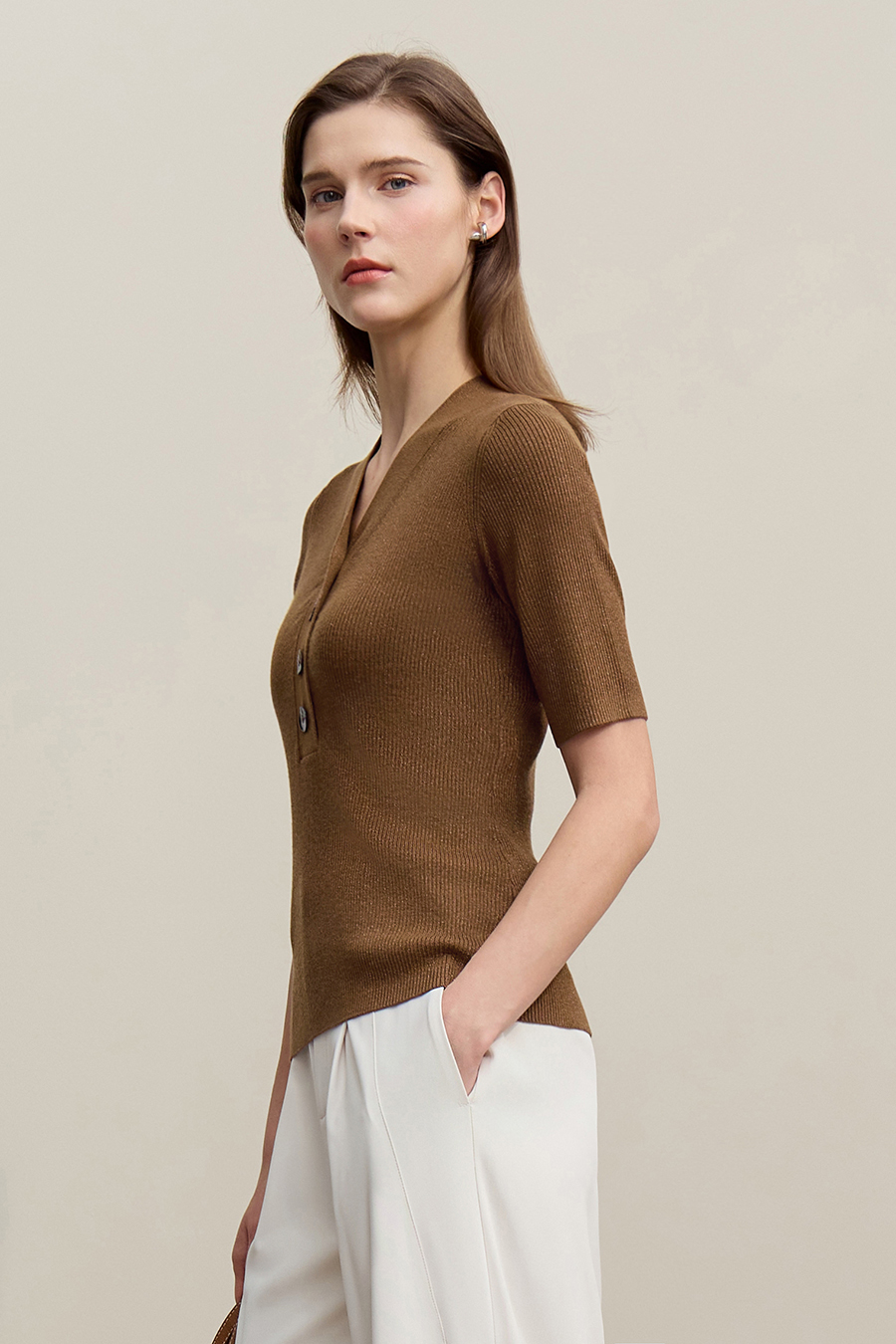 Mid-Sleeve Half-Placket Knitted Sweater
