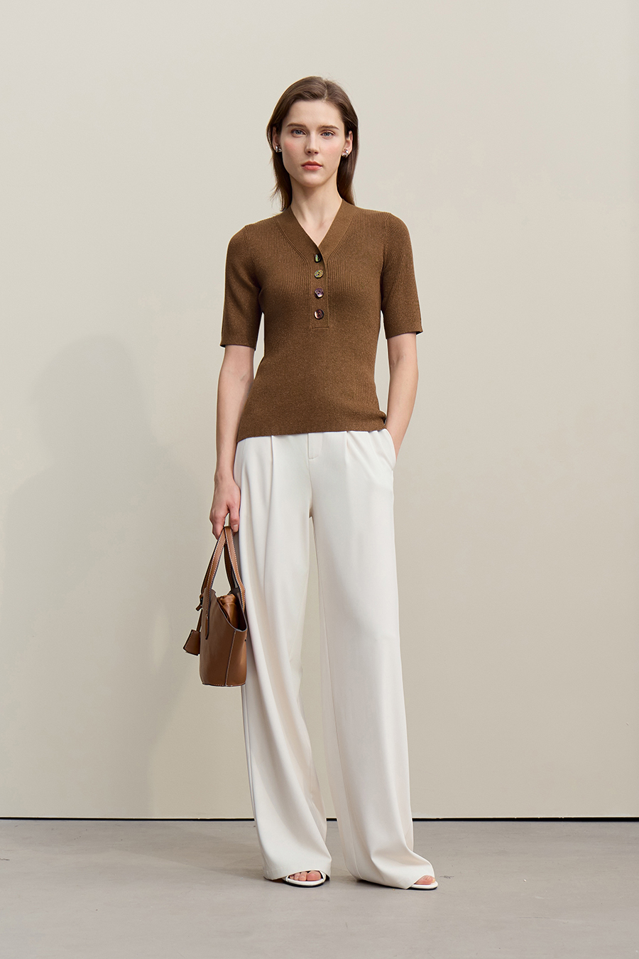 Mid-Sleeve Half-Placket Knitted Sweater