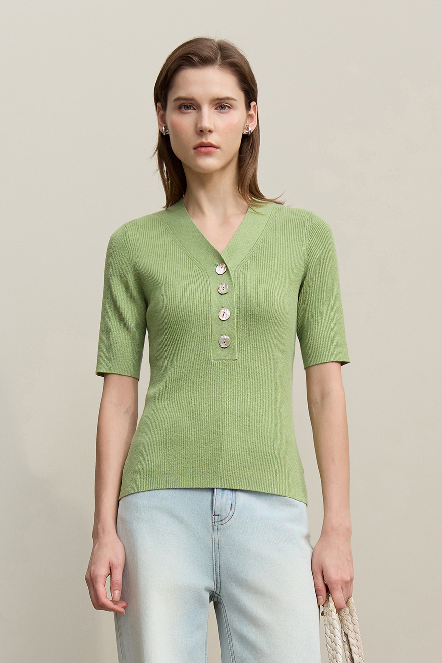 Mid-Sleeve Half-Placket Knitted Sweater