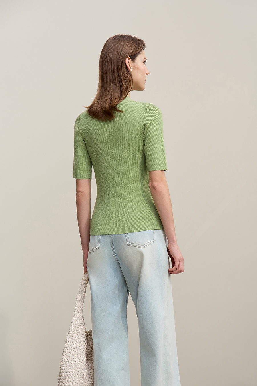 Mid-Sleeve Half-Placket Knitted Sweater