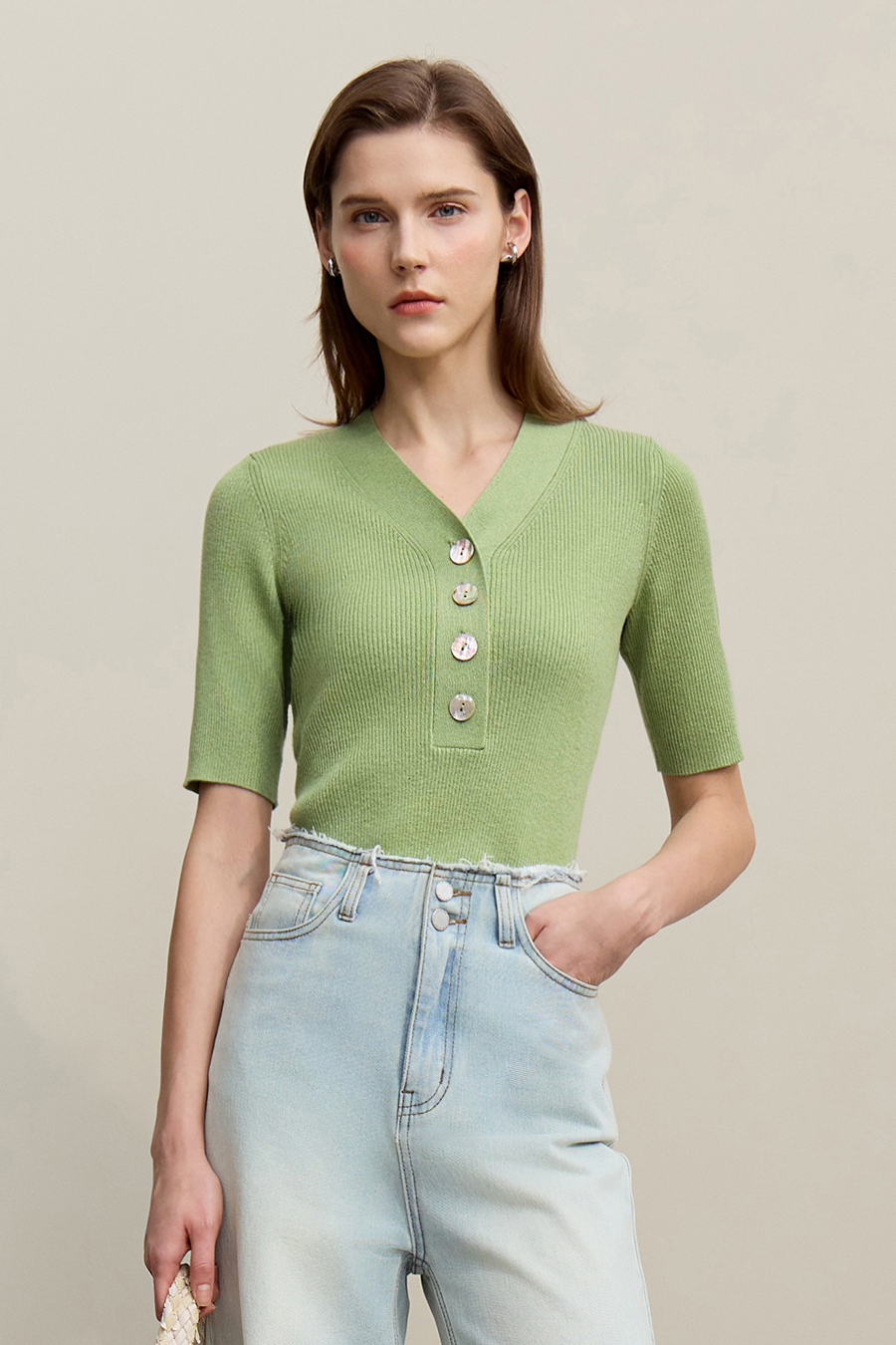 Mid-Sleeve Half-Placket Knitted Sweater