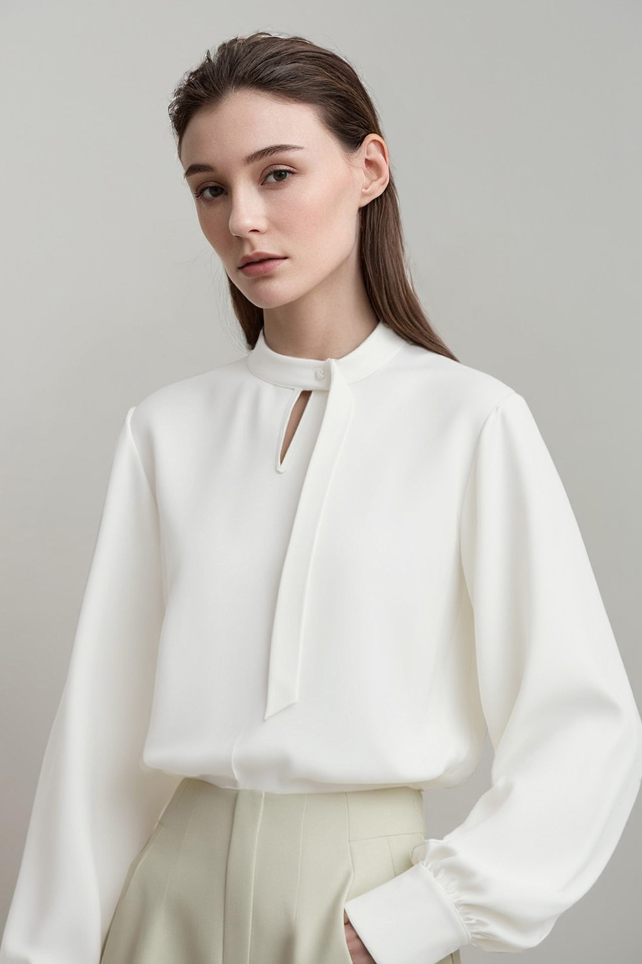 Stand Collar Hollow-out Shirt with Ribbon Detail|AMII