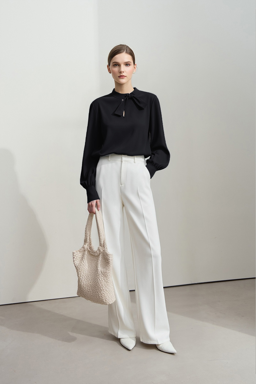 Stand Collar Hollow-out Shirt with Ribbon Detail|AMII