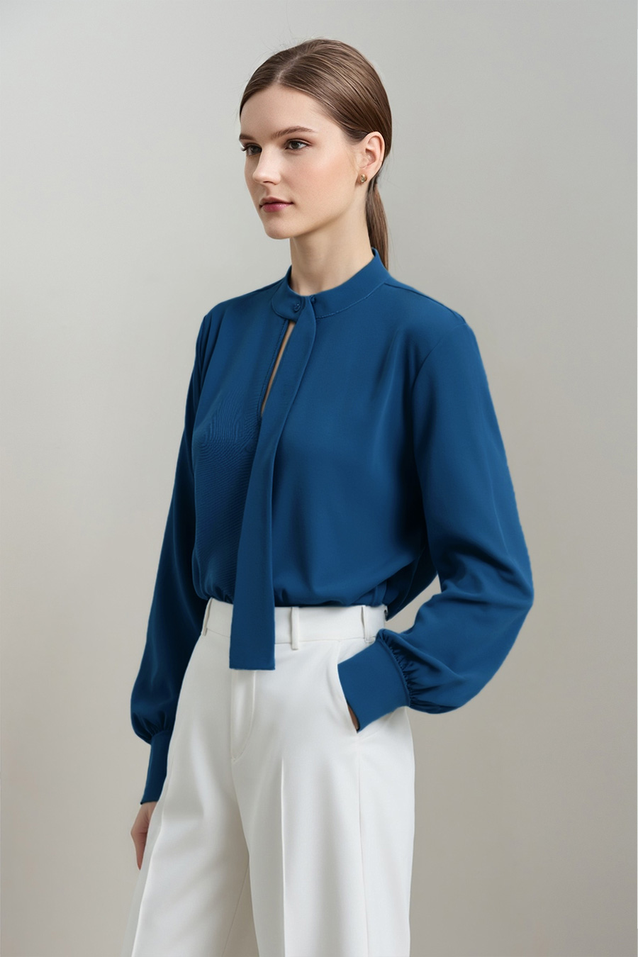 Stand Collar Hollow-out Shirt with Ribbon Detail|AMII