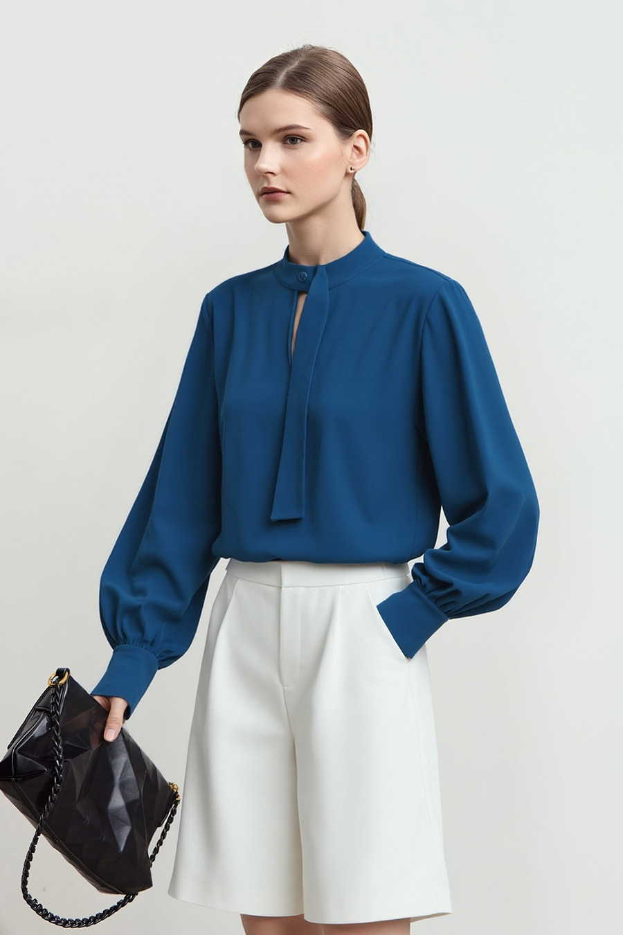 Stand Collar Hollow-out Shirt with Ribbon Detail|AMII