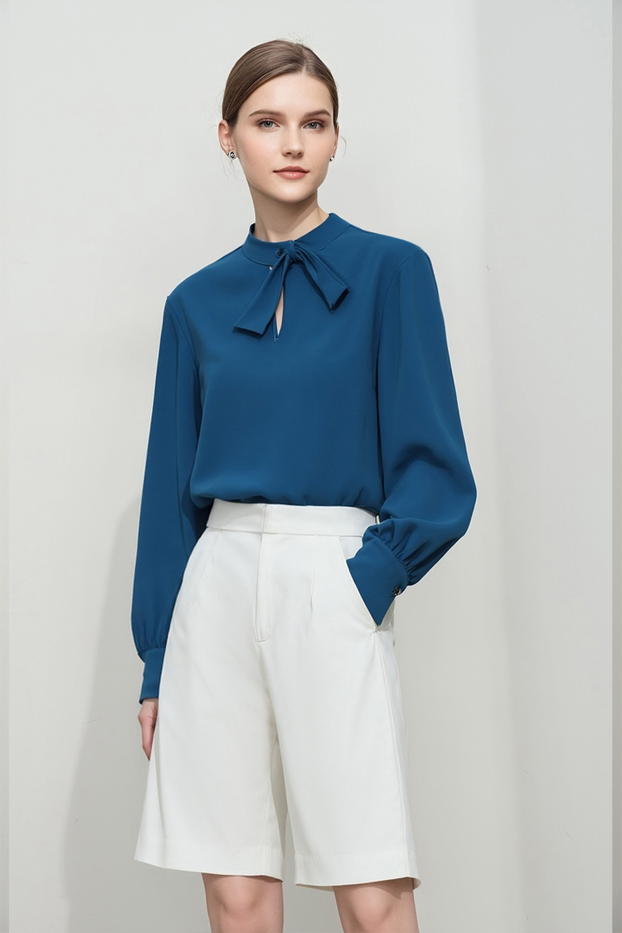 Stand Collar Hollow-out Shirt with Ribbon Detail|AMII