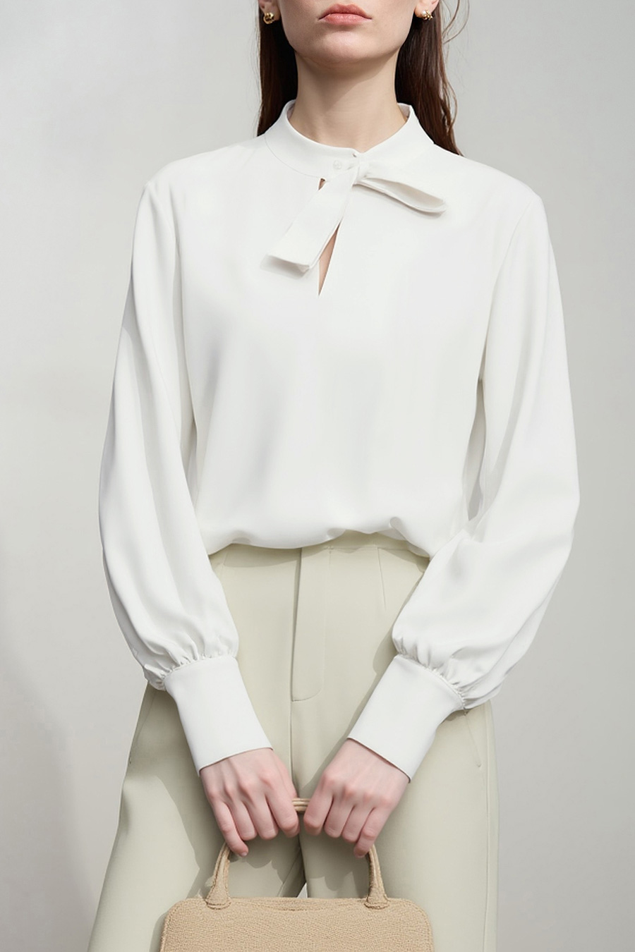 Stand Collar Hollow-out Shirt with Ribbon Detail|AMII