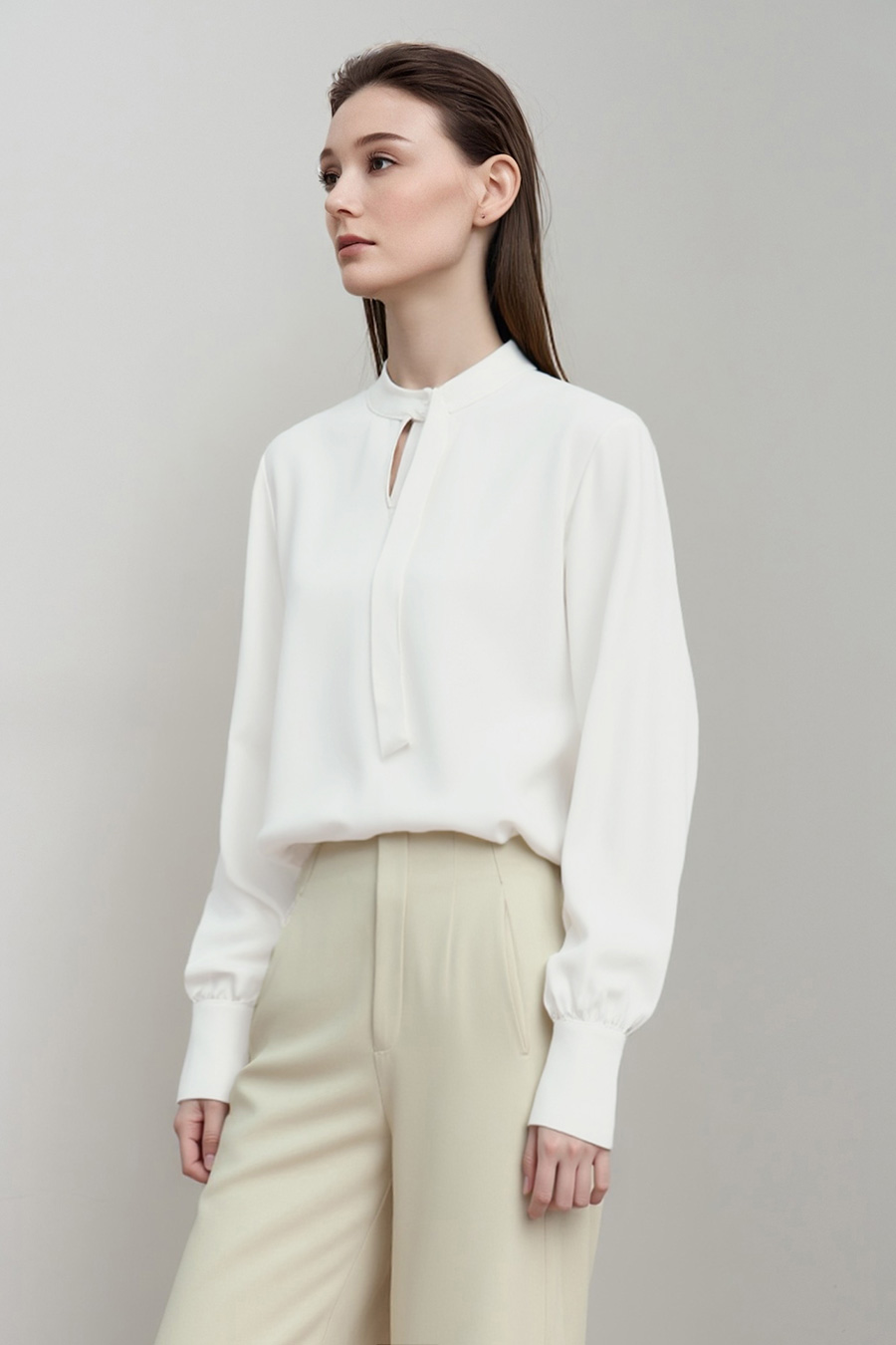Stand Collar Hollow-out Shirt with Ribbon Detail|AMII