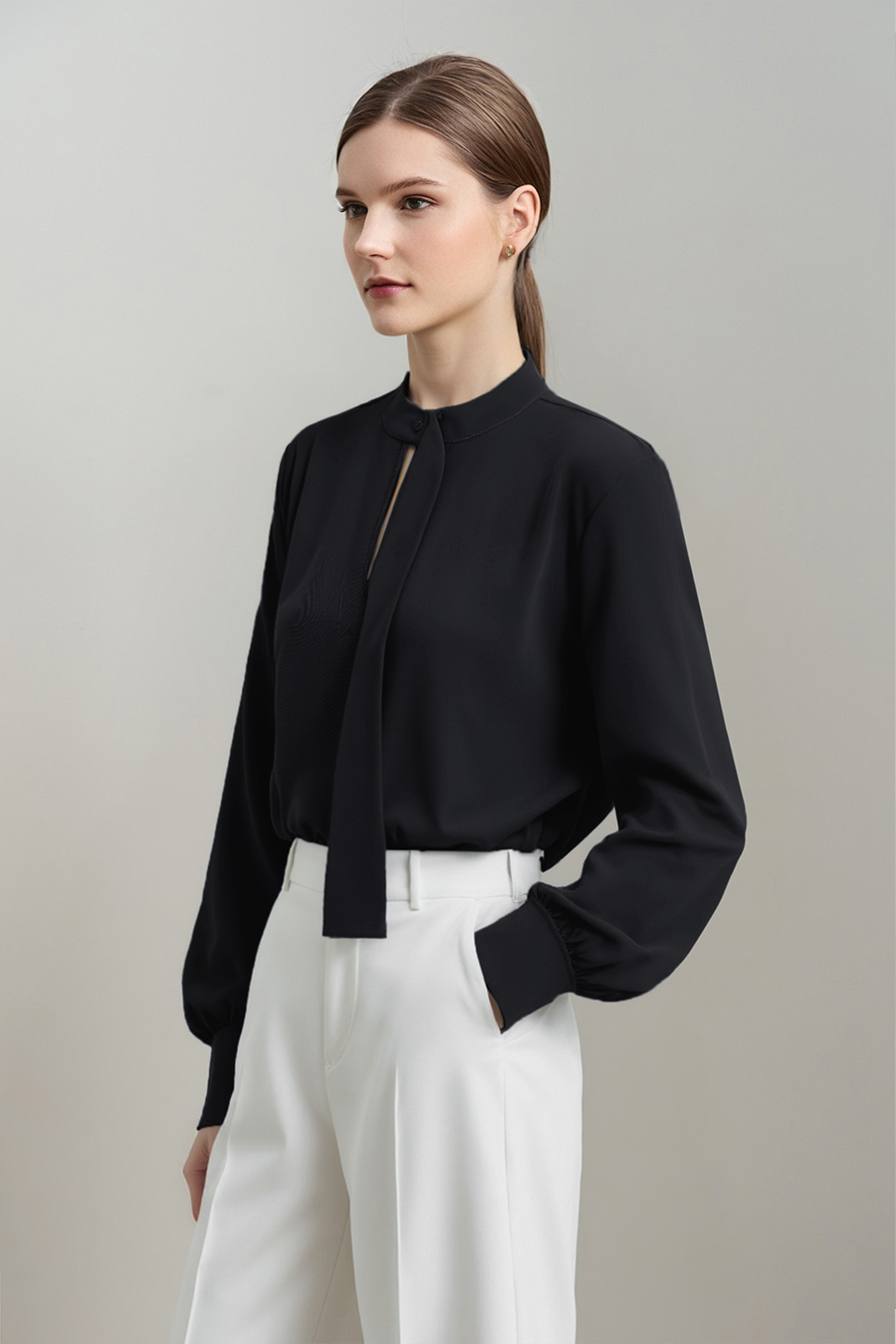 Stand Collar Hollow-out Shirt with Ribbon Detail|AMII
