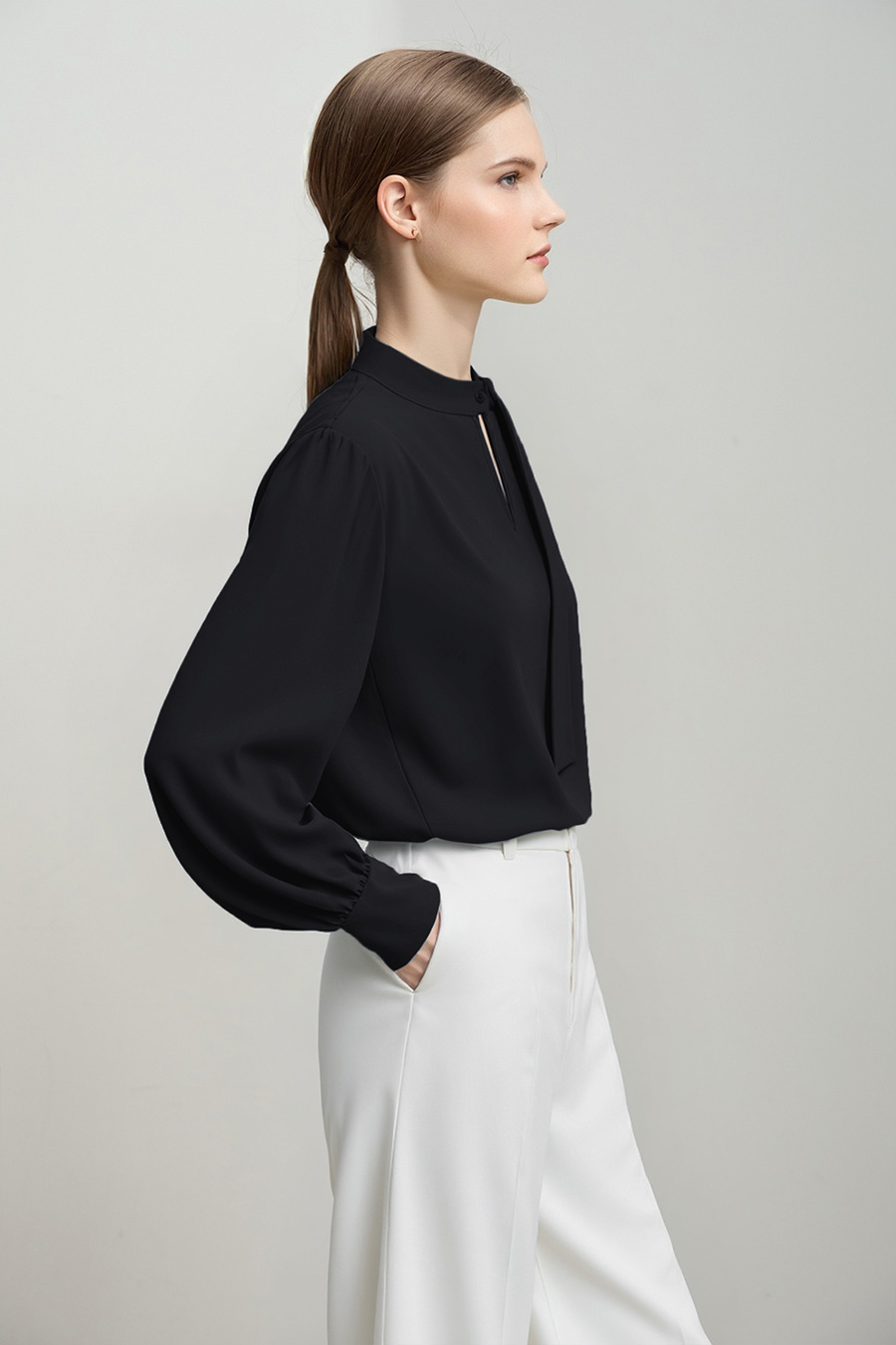 Stand Collar Hollow-out Shirt with Ribbon Detail|AMII