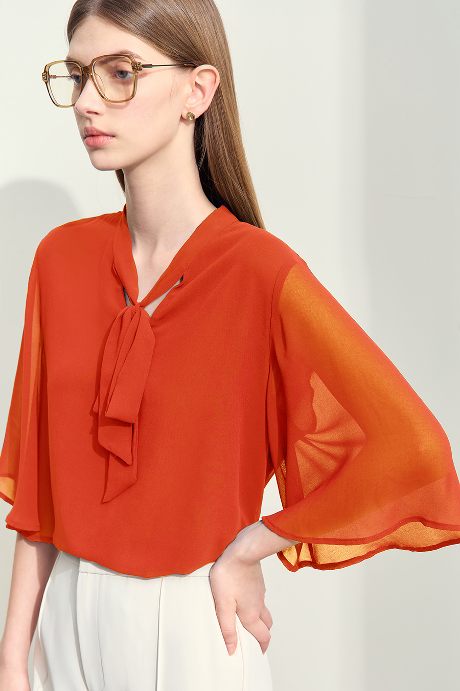 Flare Sleeve Tie Chiffon Blouse
