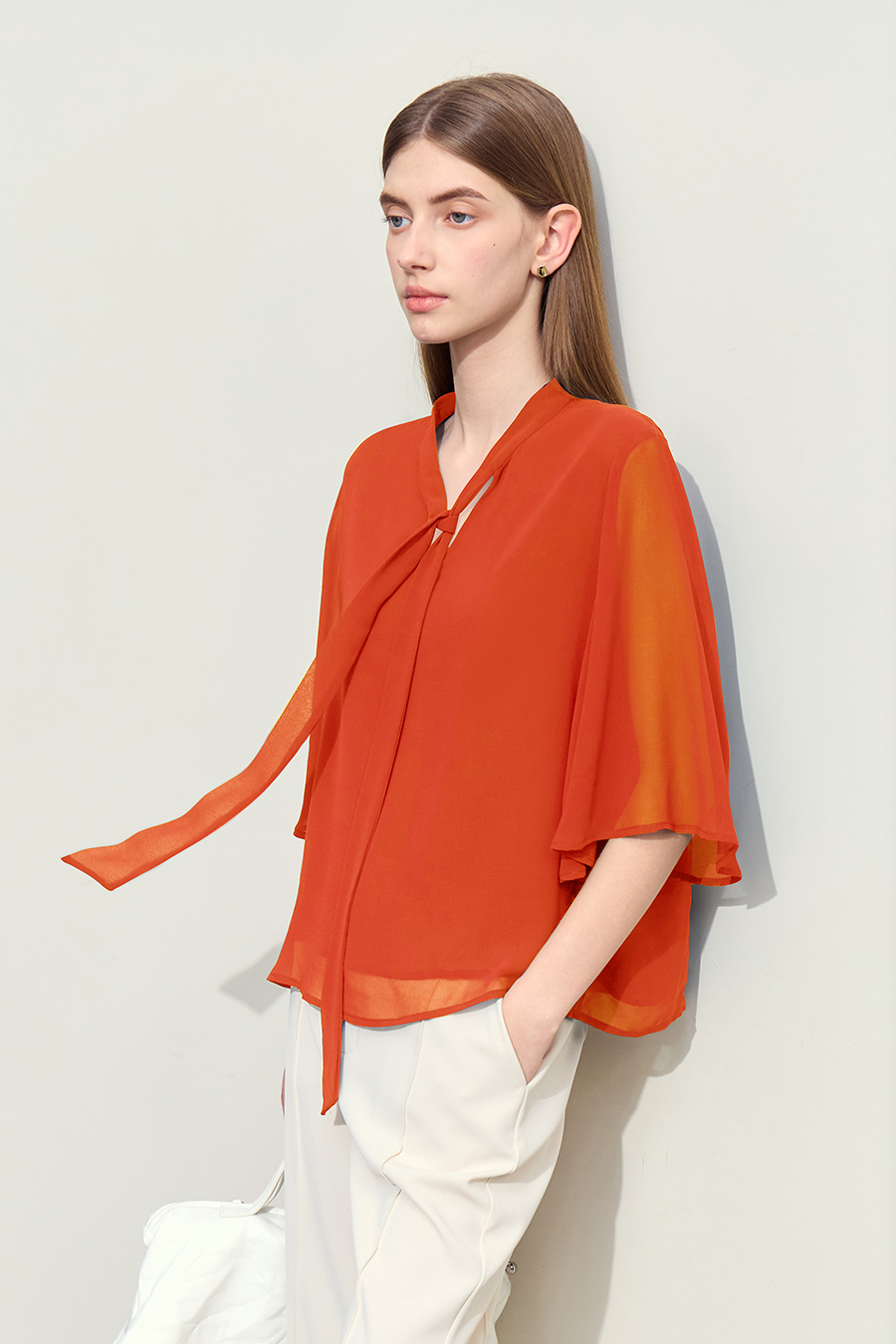 Flare Sleeve Tie Chiffon Blouse