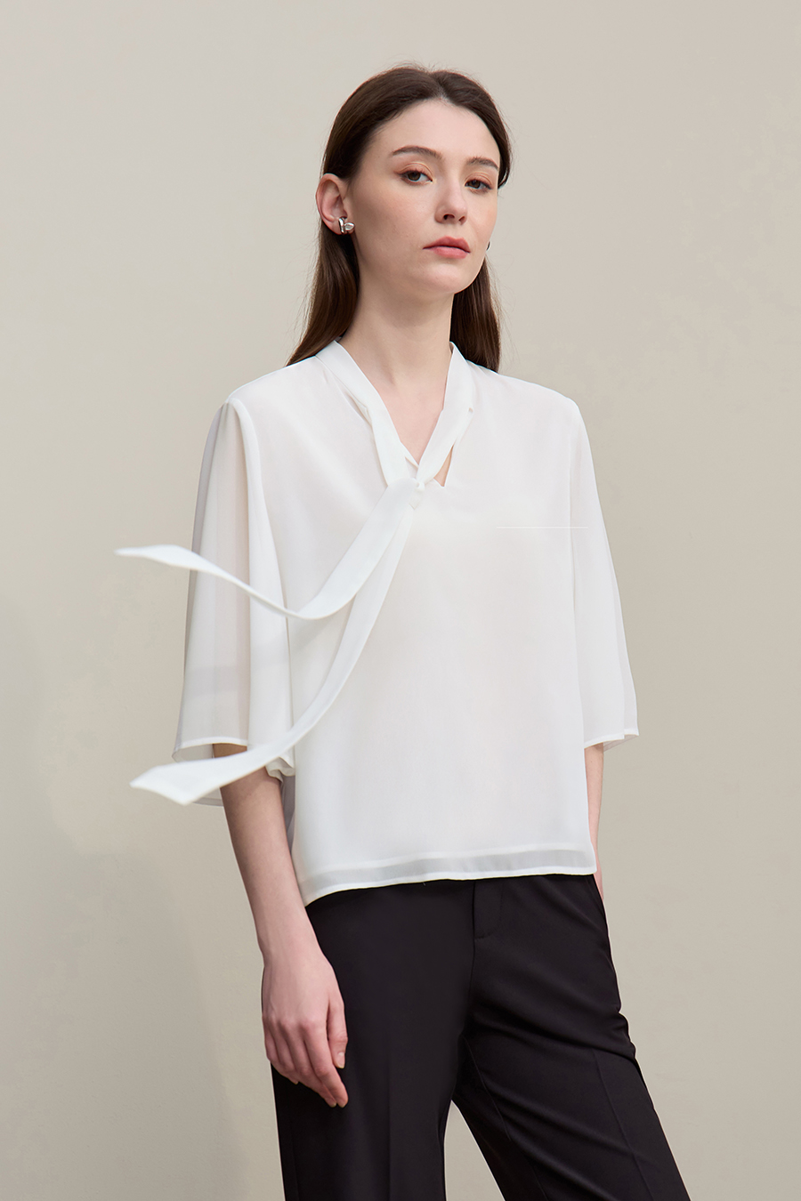 Flare Sleeve Tie Chiffon Blouse