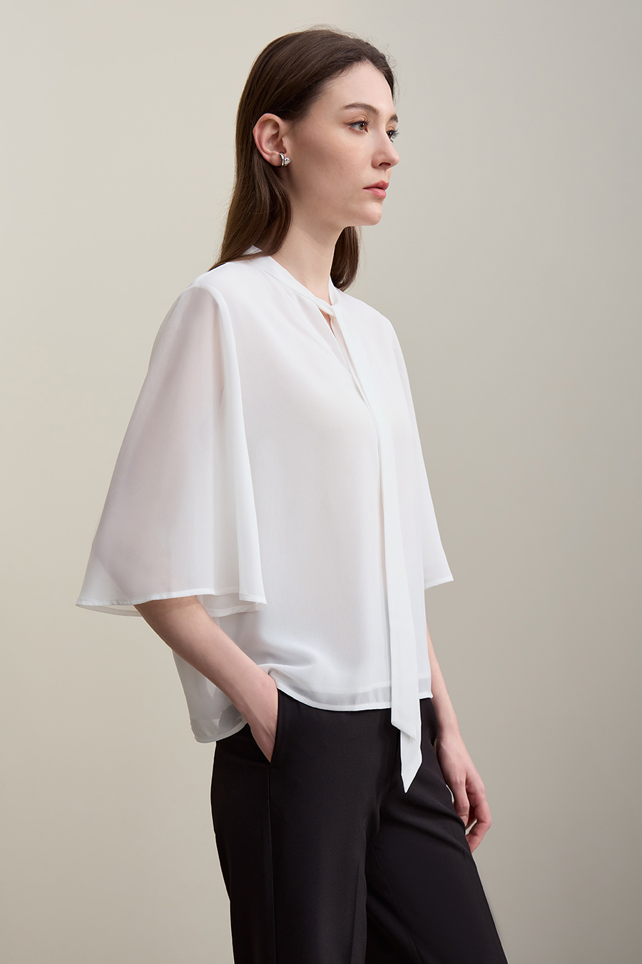 Flare Sleeve Tie Chiffon Blouse