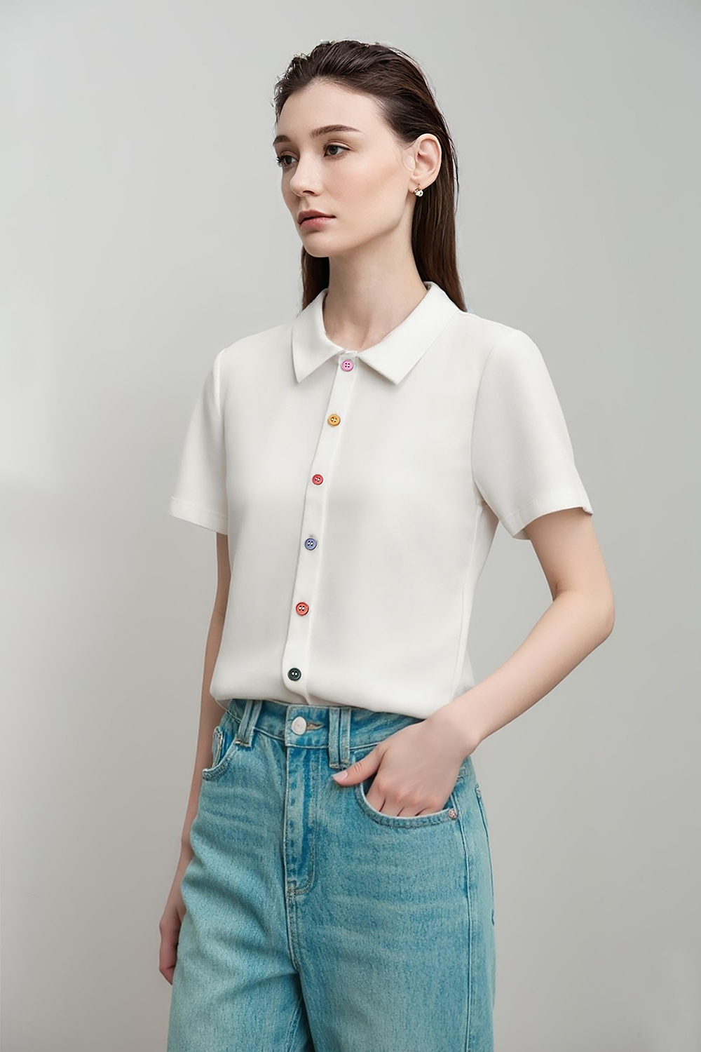 Contrast Button Lapel T-shirt