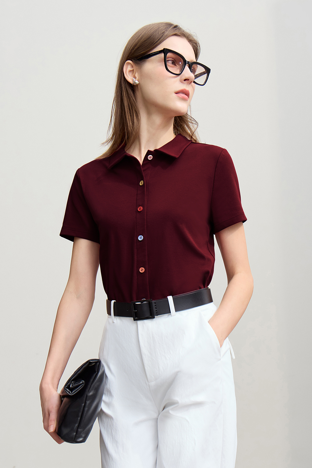 Contrast Button Lapel T-shirt