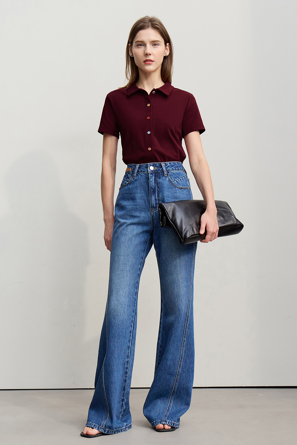 Contrast Button Lapel T-shirt