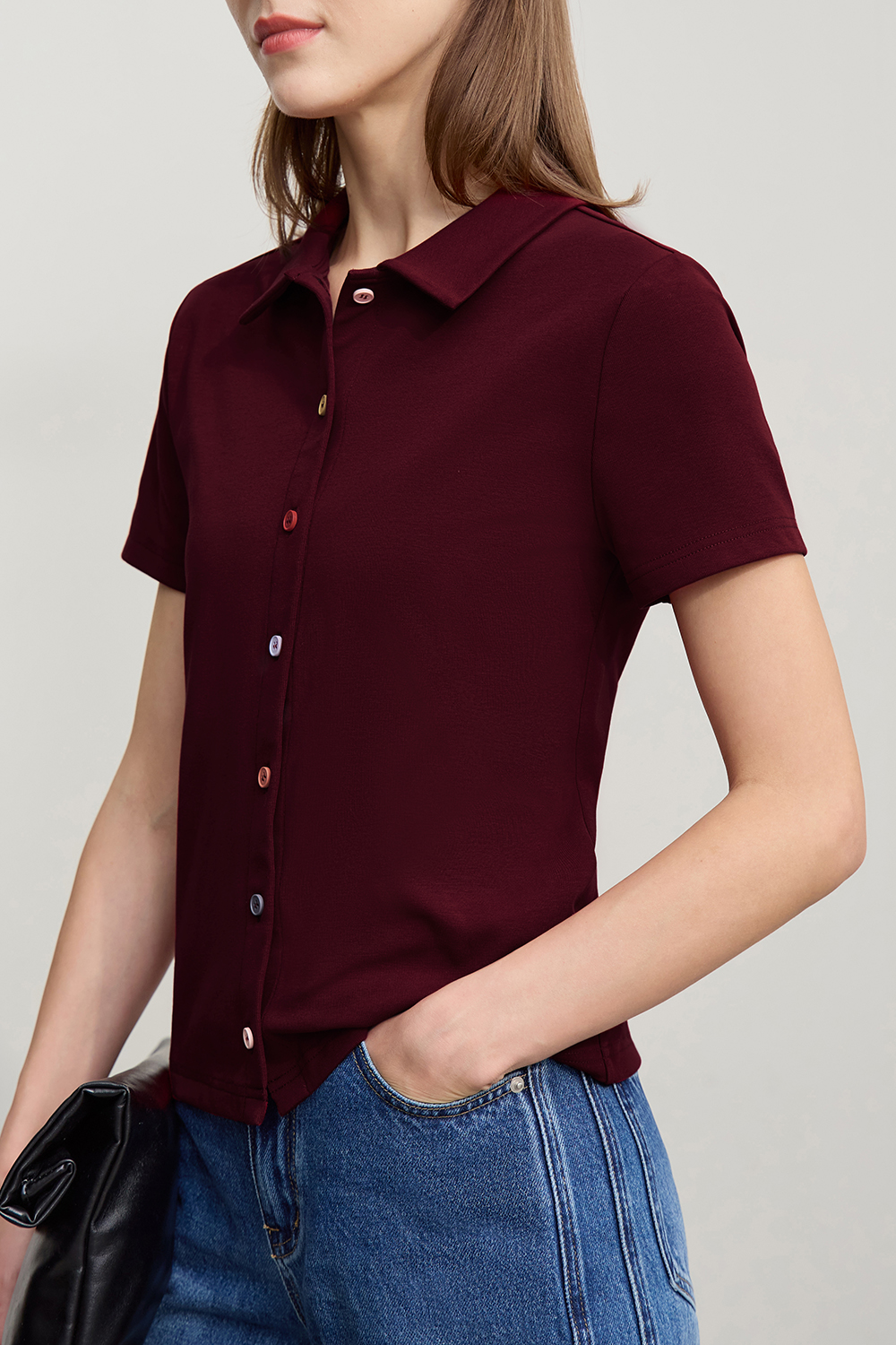 Contrast Button Lapel T-shirt