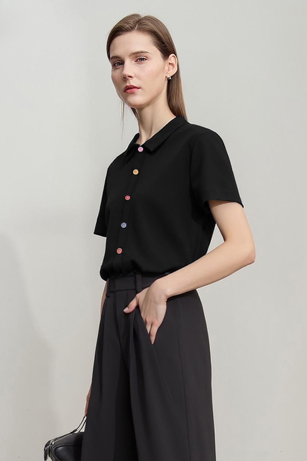 Contrast Button Lapel T-shirt