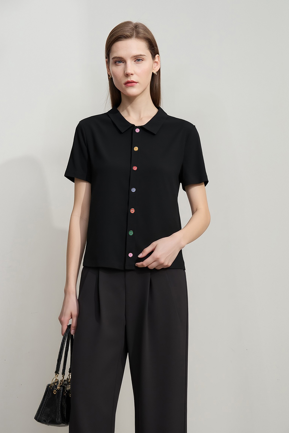 Contrast Button Lapel T-shirt