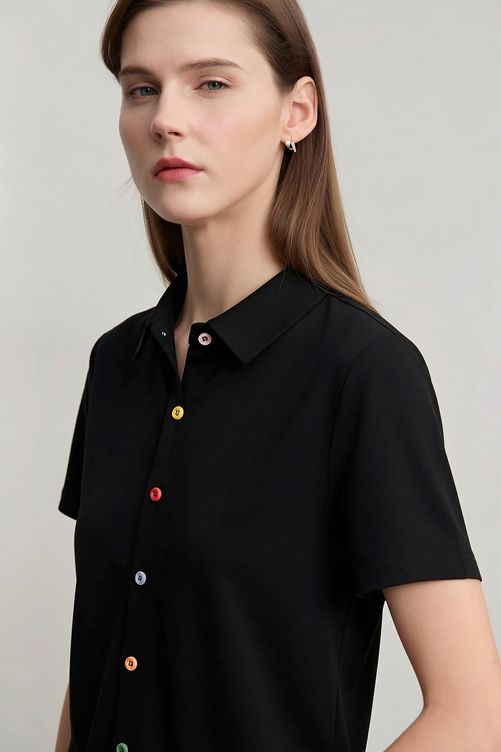 Contrast Button Lapel T-shirt