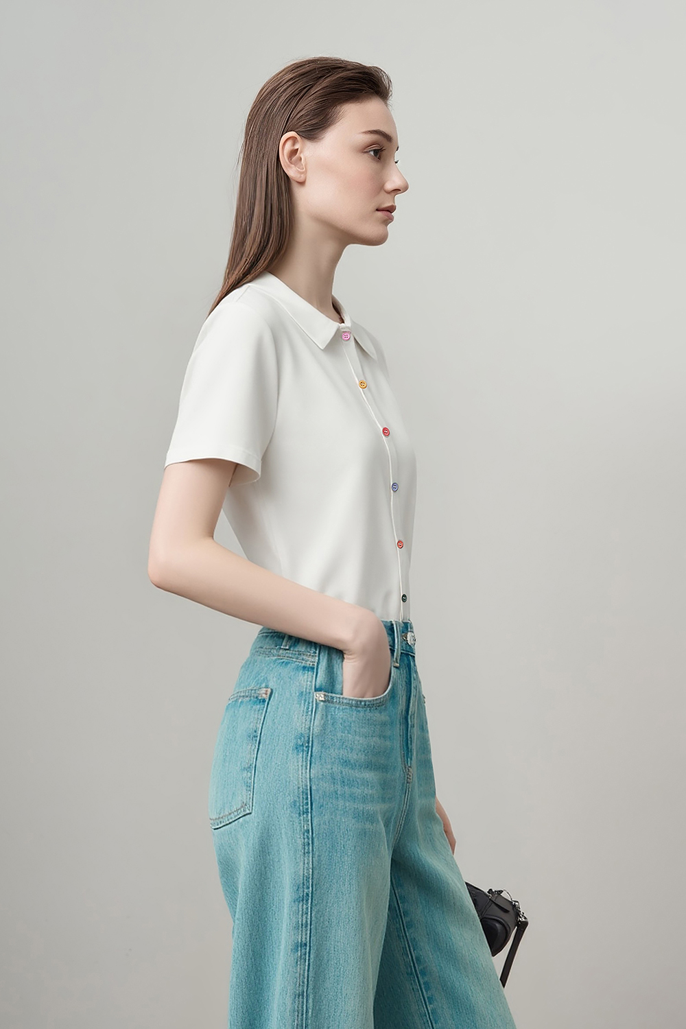 Contrast Button Lapel T-shirt